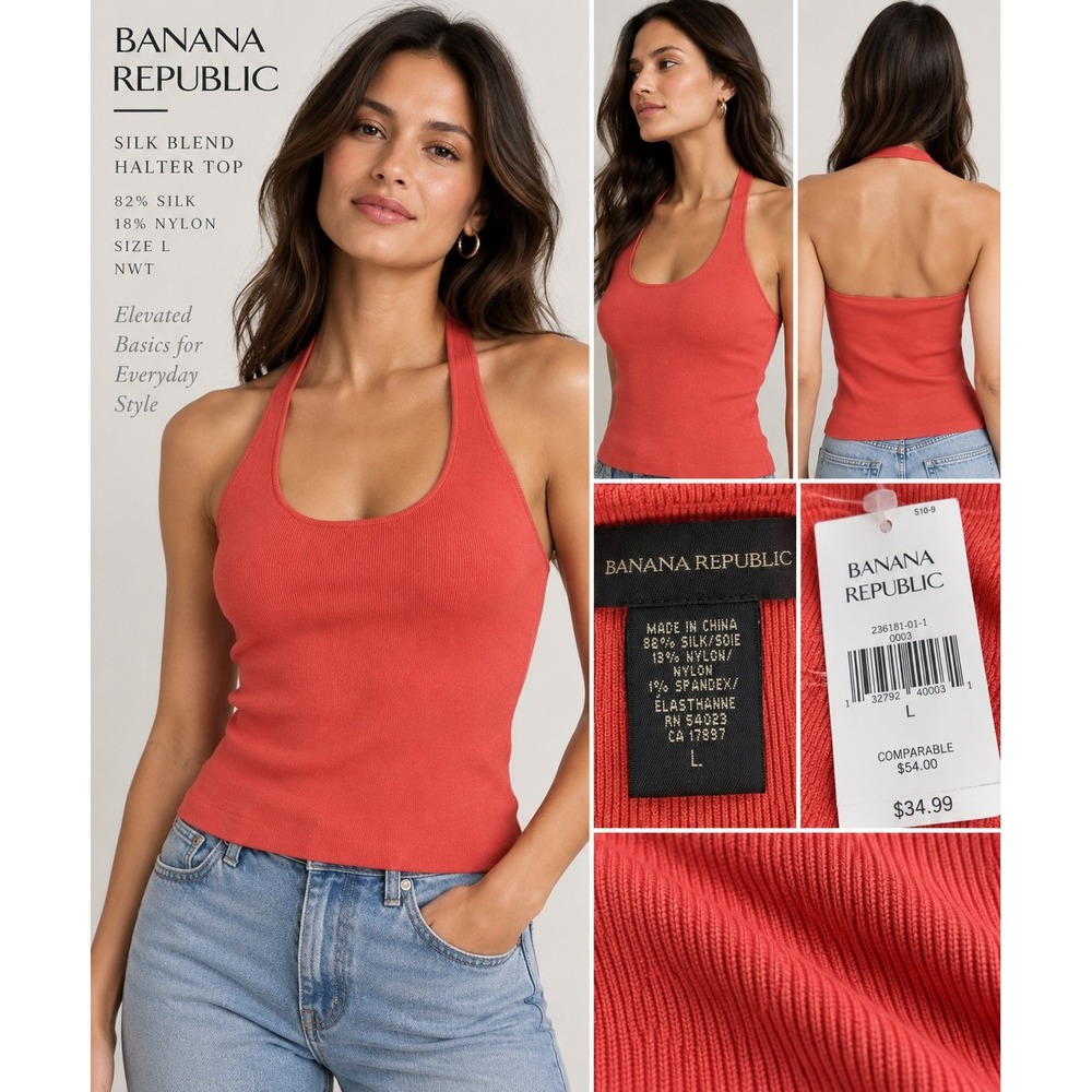 Banana Republic Silk Blend Ribbed Halter Top Coral Pink 236181-01-1 Large NWT